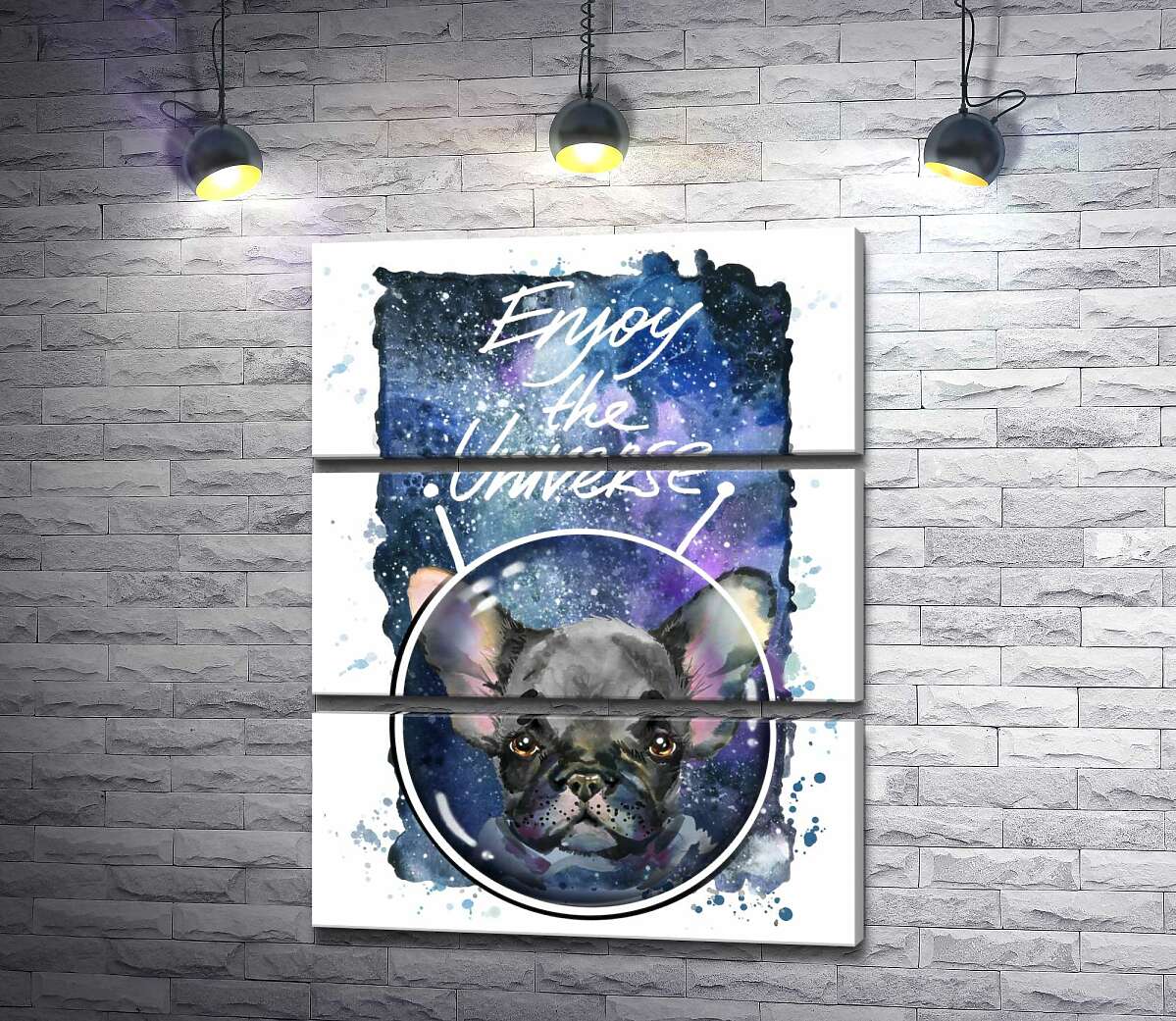 

Модульная картина ArtPoster Черный французский бульдог среди космического пространства с надписью "Enjoy the Universe" 130x168 см Модуль №13