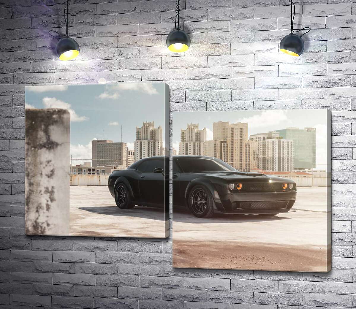 

Модульная картина ArtPoster Черный автомобиль Dodge Challenger Hellcat на фоне домов 130x88 см Модуль №5