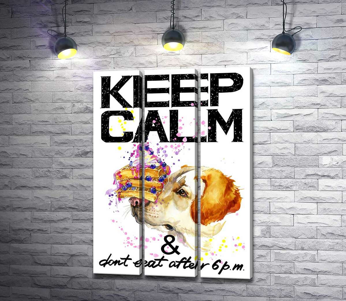 

Модульная картина ArtPoster Черничный торт на носу у собаки среди надписи "keep calm and don't eat after 6 p.m." 60x88 см Модуль №11