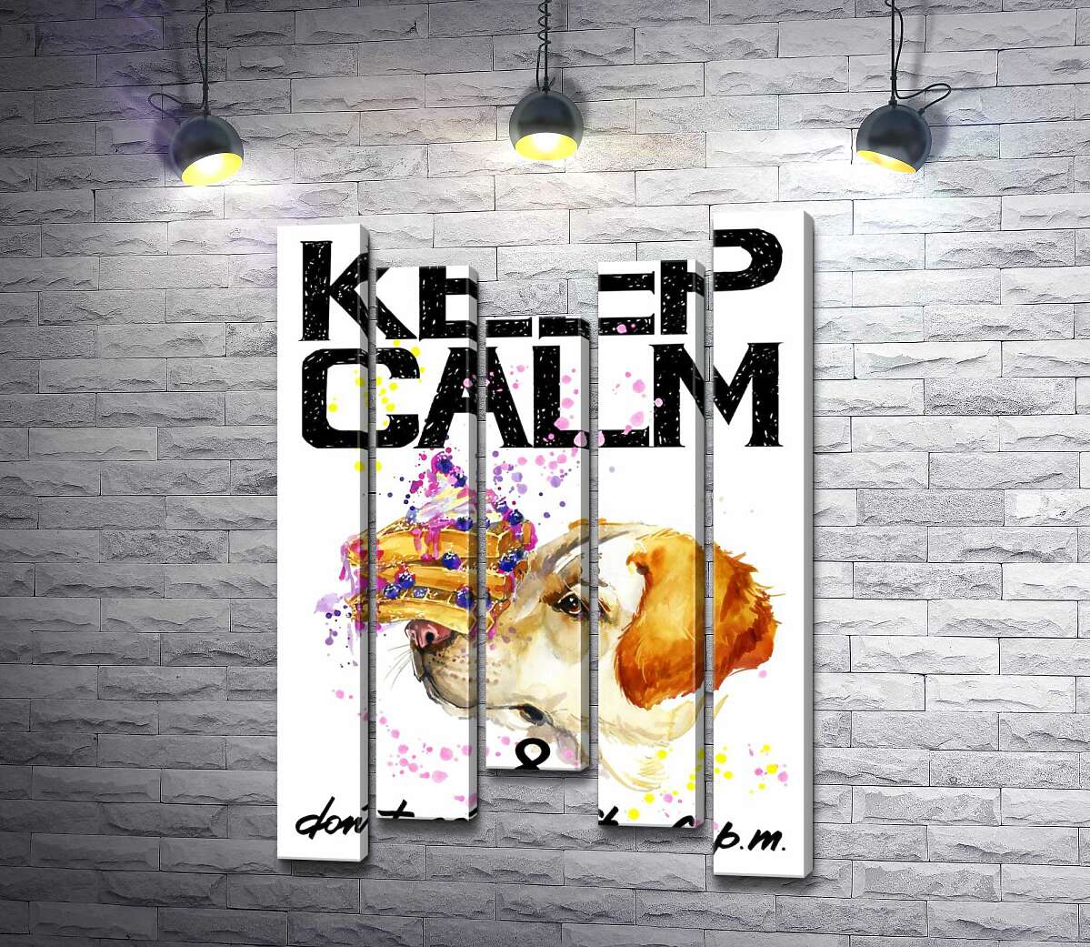 

Модульная картина ArtPoster Черничный торт на носу у собаки среди надписи "keep calm and don't eat after 6 p.m." 130x192 см Модуль №28