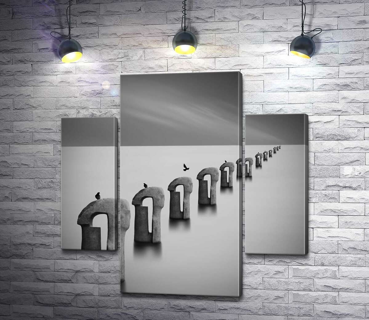 

Модульная картина ArtPoster Черно-белая перспектива каменных статуй с птицами в тумане 131x130 см Модуль №7