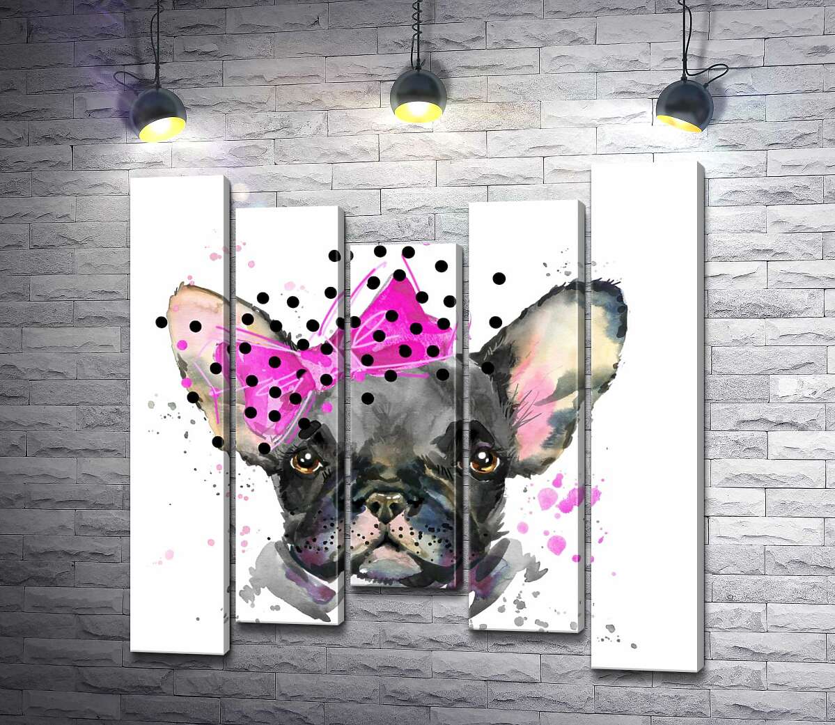 

Модульная картина ArtPoster Черный французский бульдог с розовым бантиком возле уха 100x100 см Модуль №28