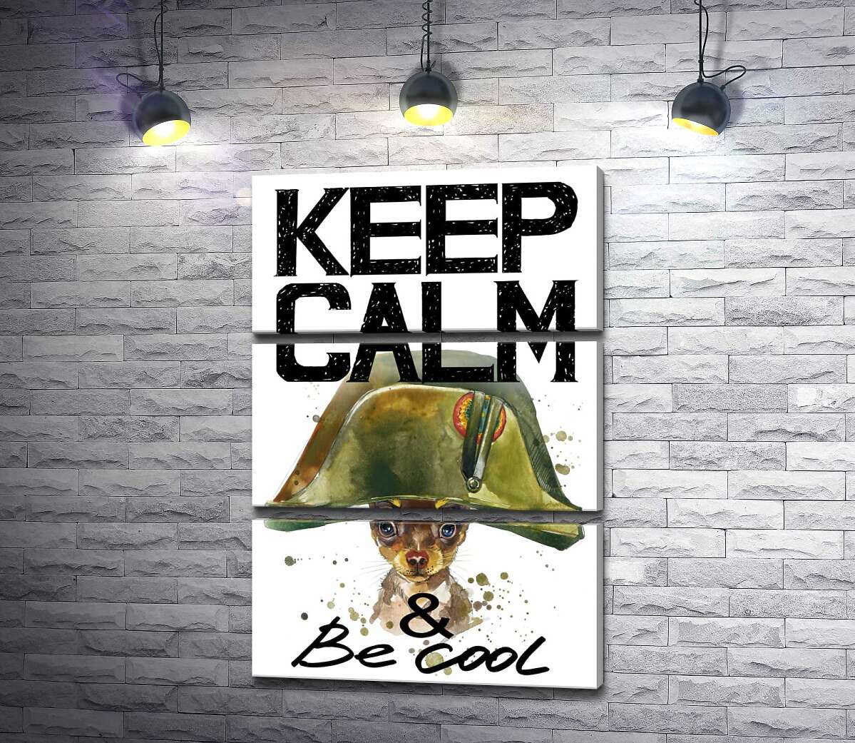 

Модульная картина ArtPoster Чихуахуа в шапке Наполеона среди надписи "keep calm and be cool" 130x192 см Модуль №13