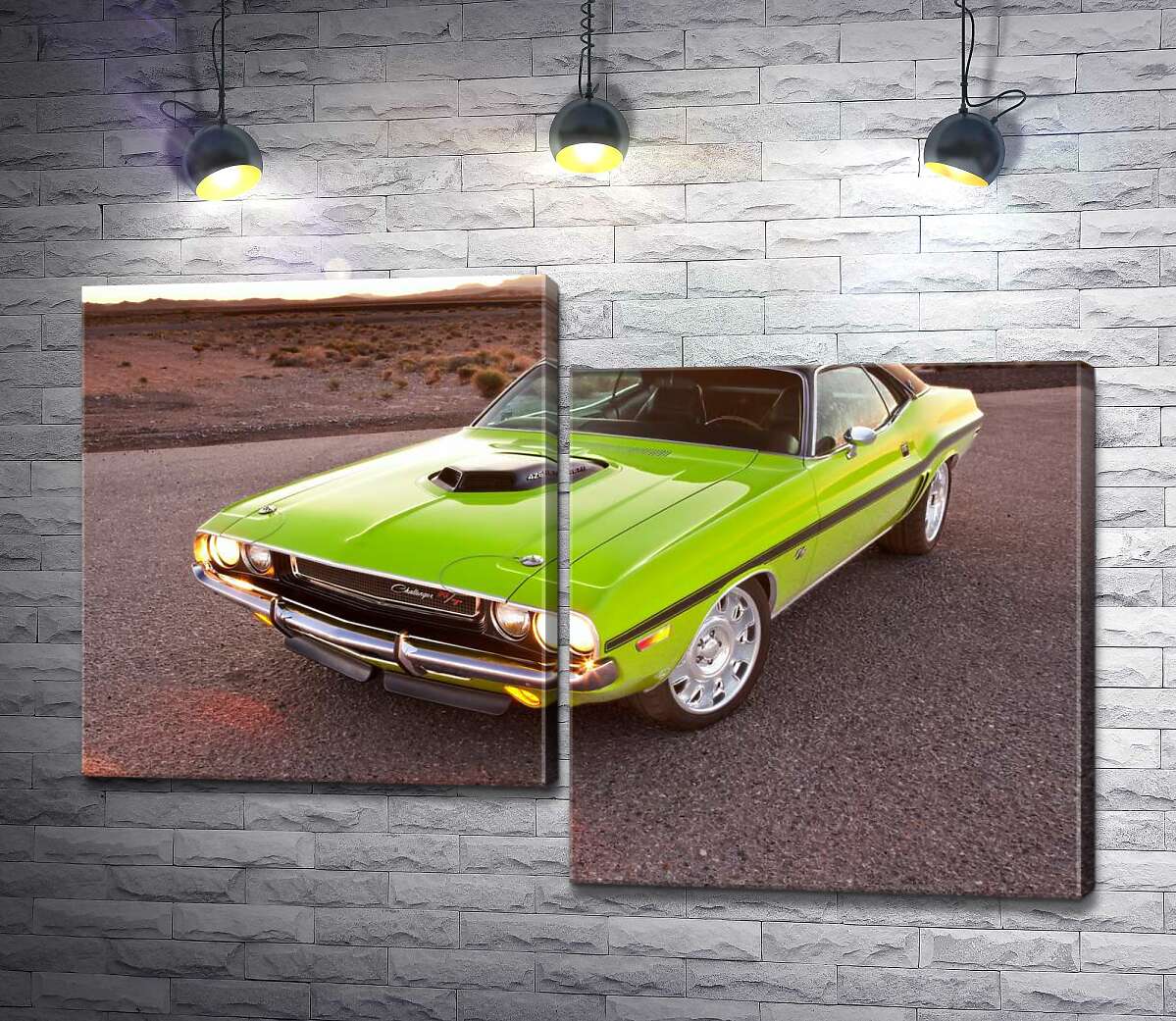 

Модульная картина ArtPoster Яркий автомобиль Dodge Challenger на дороге среди пустыни 100x67 см Модуль №5