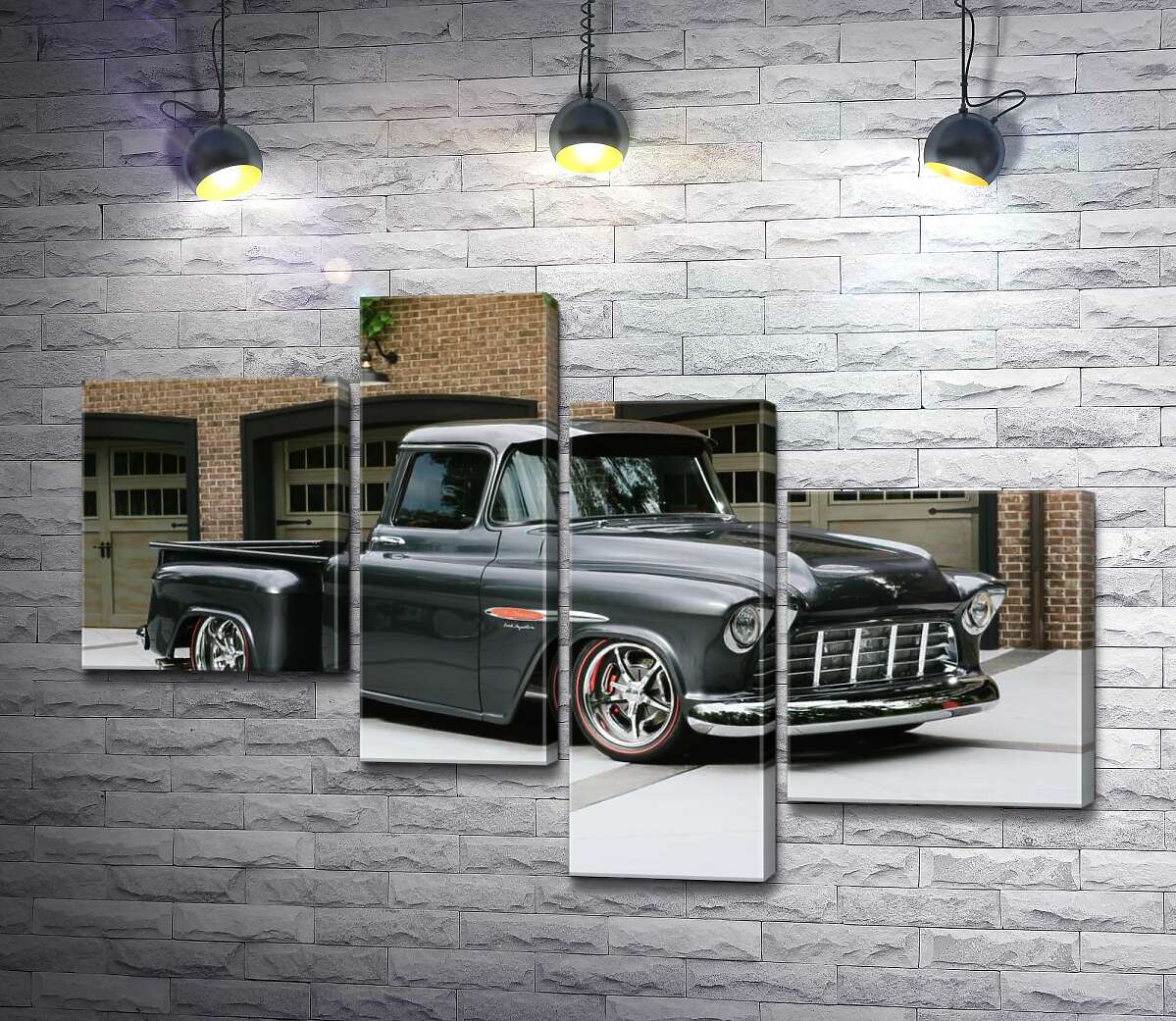 

Модульная картина ArtPoster Черный автомобиль Chevrolet Pickup 1955 перед въездами в гаражи 130x89 см Модуль №20