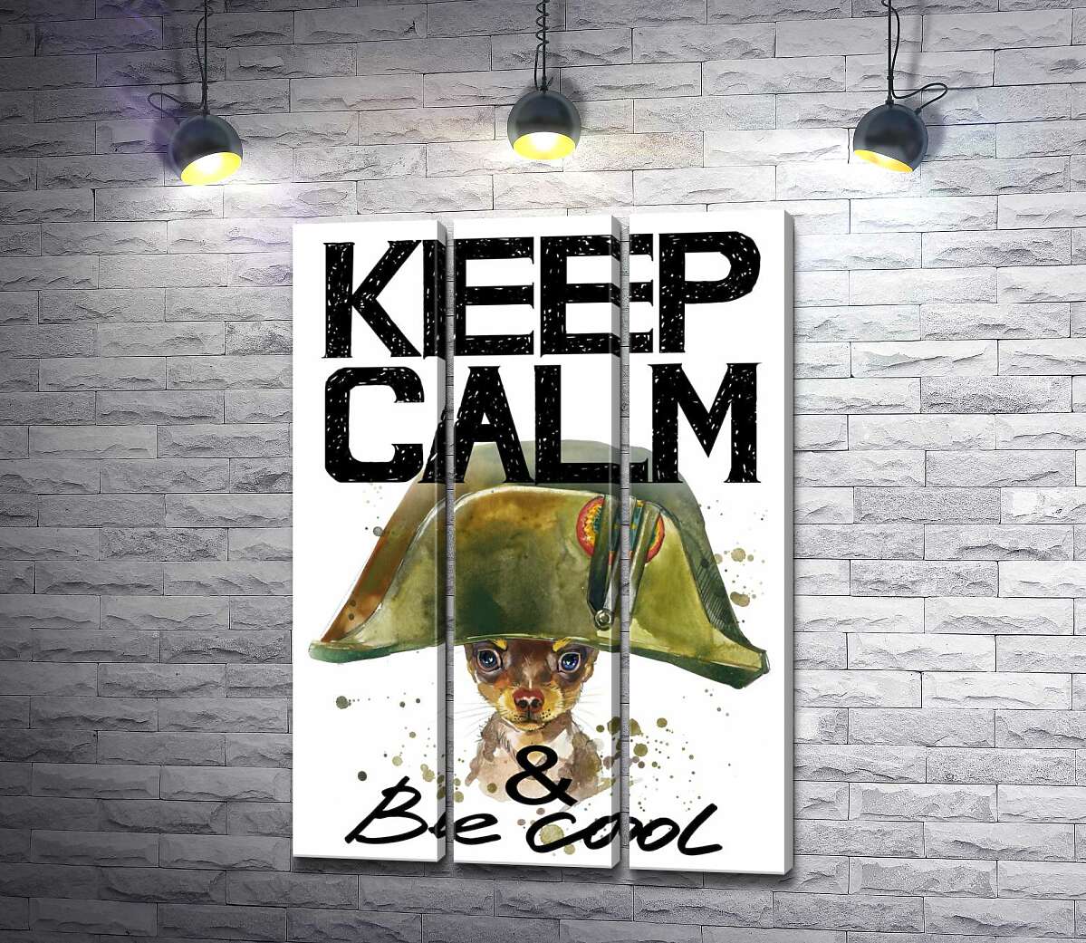 

Модульная картина ArtPoster Чихуахуа в шапке Наполеона среди надписи "keep calm and be cool" 102x146 см Модуль №11