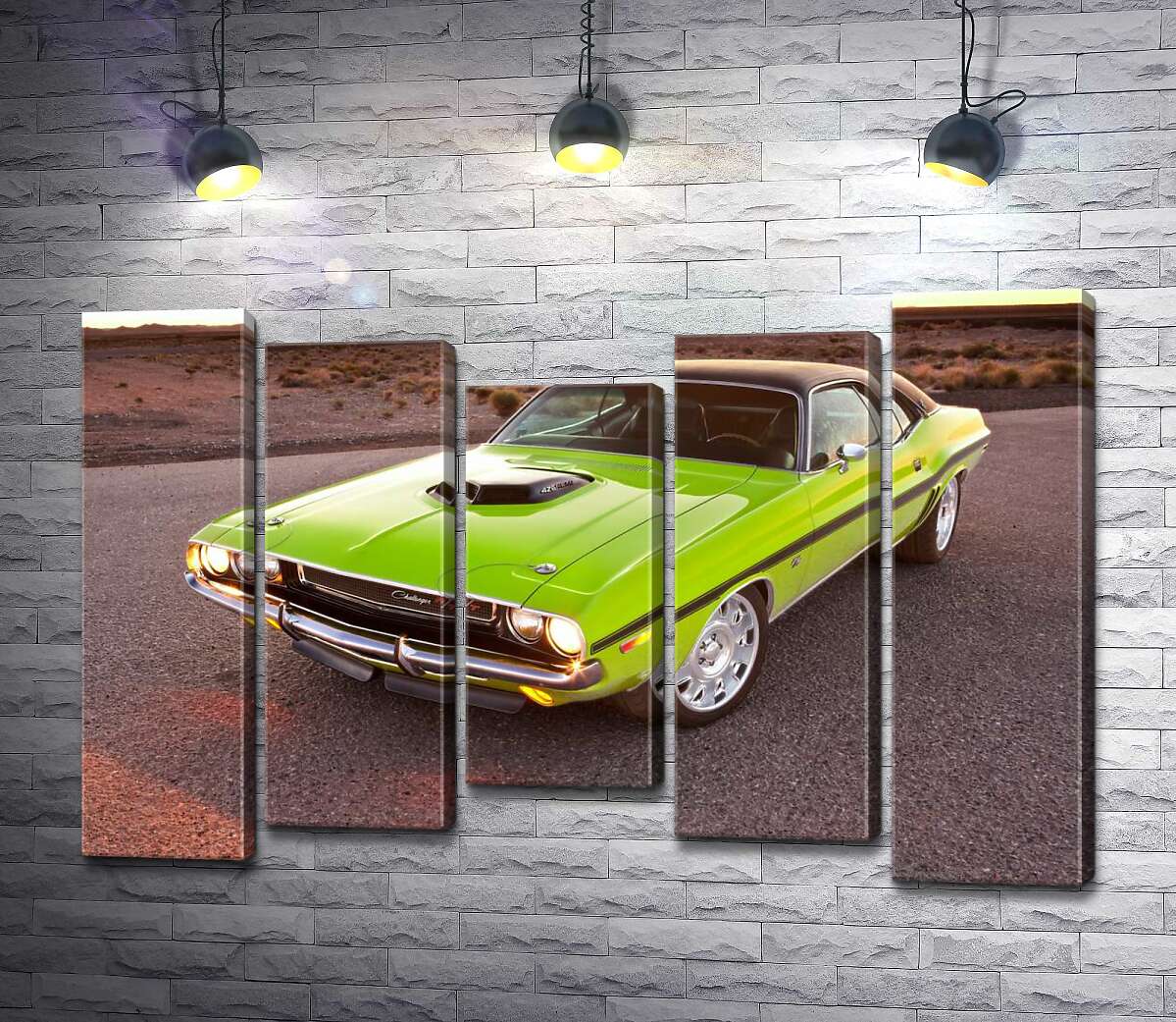 

Модульная картина ArtPoster Яркий автомобиль Dodge Challenger на дороге среди пустыни 130x87 см Модуль №28