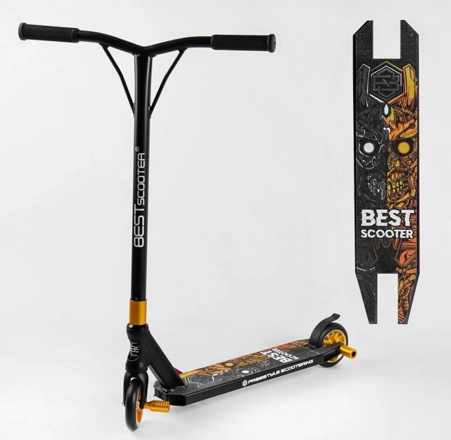 

Самокат трюковый Best Scooter Terminator 3 HIC-система, ПЕГИ, алюминиевый диск и дека, колёса PU d-110мм, ширина руля-52см, высота - 83см