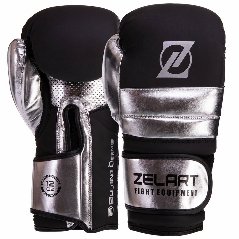 

Перчатки для бокса и единоборств на липучке Zelart Heroe 3083 Black-Silver 12 унций