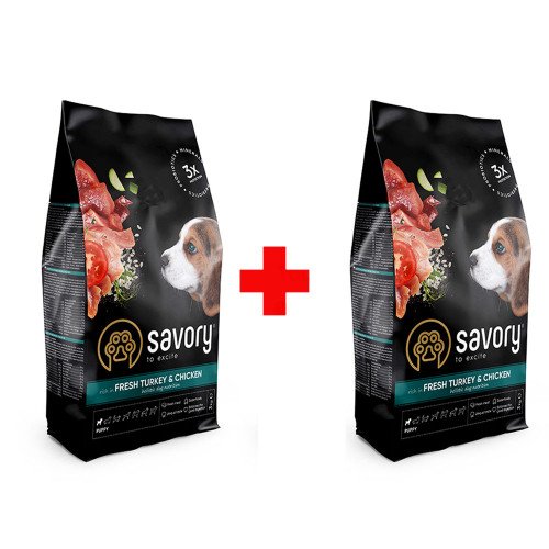 

Сухой корм для щенков Savory, со свежим мясом индейки и курицей, 3 + 3 кг