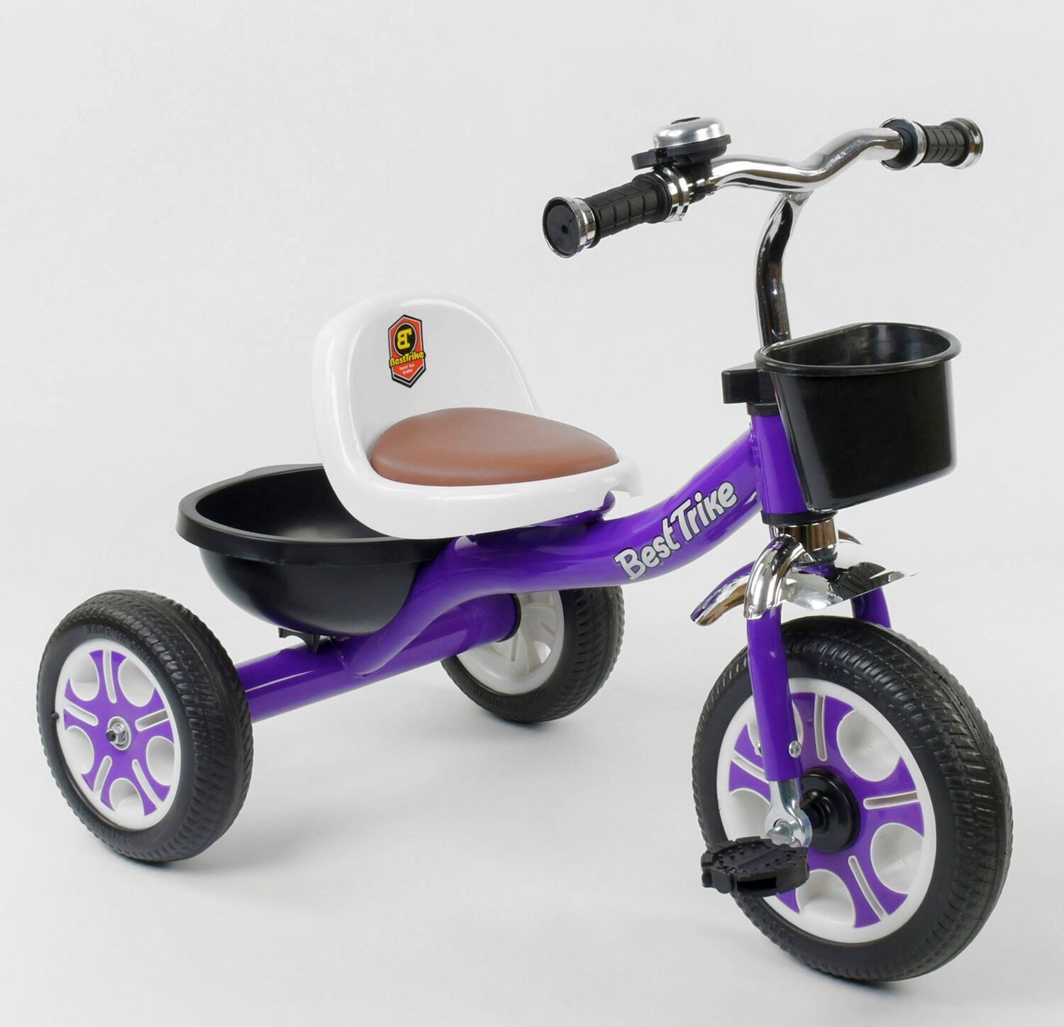 

Детский трехколесный велосипед Best Trike LM-1355 метал. рама, звоночек, 2 корзины, переднее d=26см, заднее d=20см, в коробке Фиолетовый