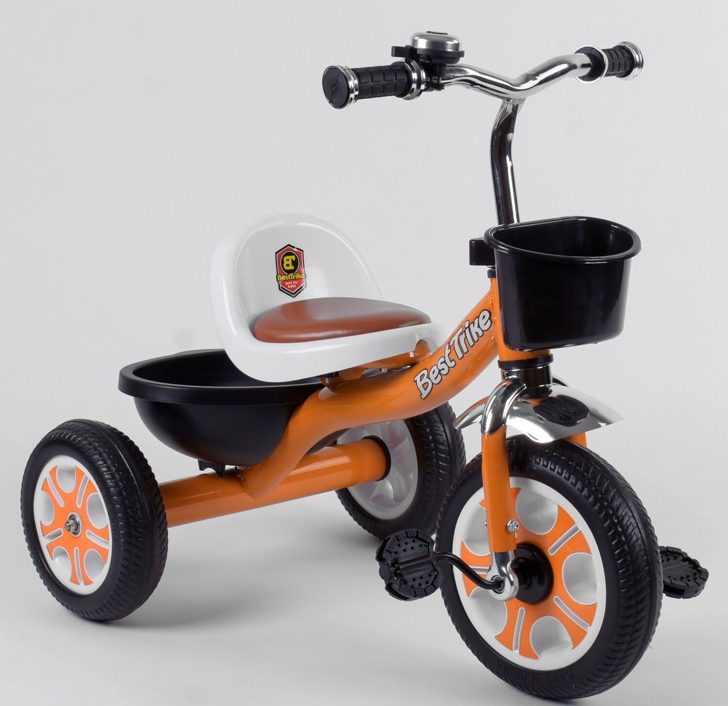 

Детский трехколесный велосипед Best Trike LM-5207 метал. рама, звоночек, 2 корзины, переднее d=26см, заднее d=20см, в коробке Оранжевый