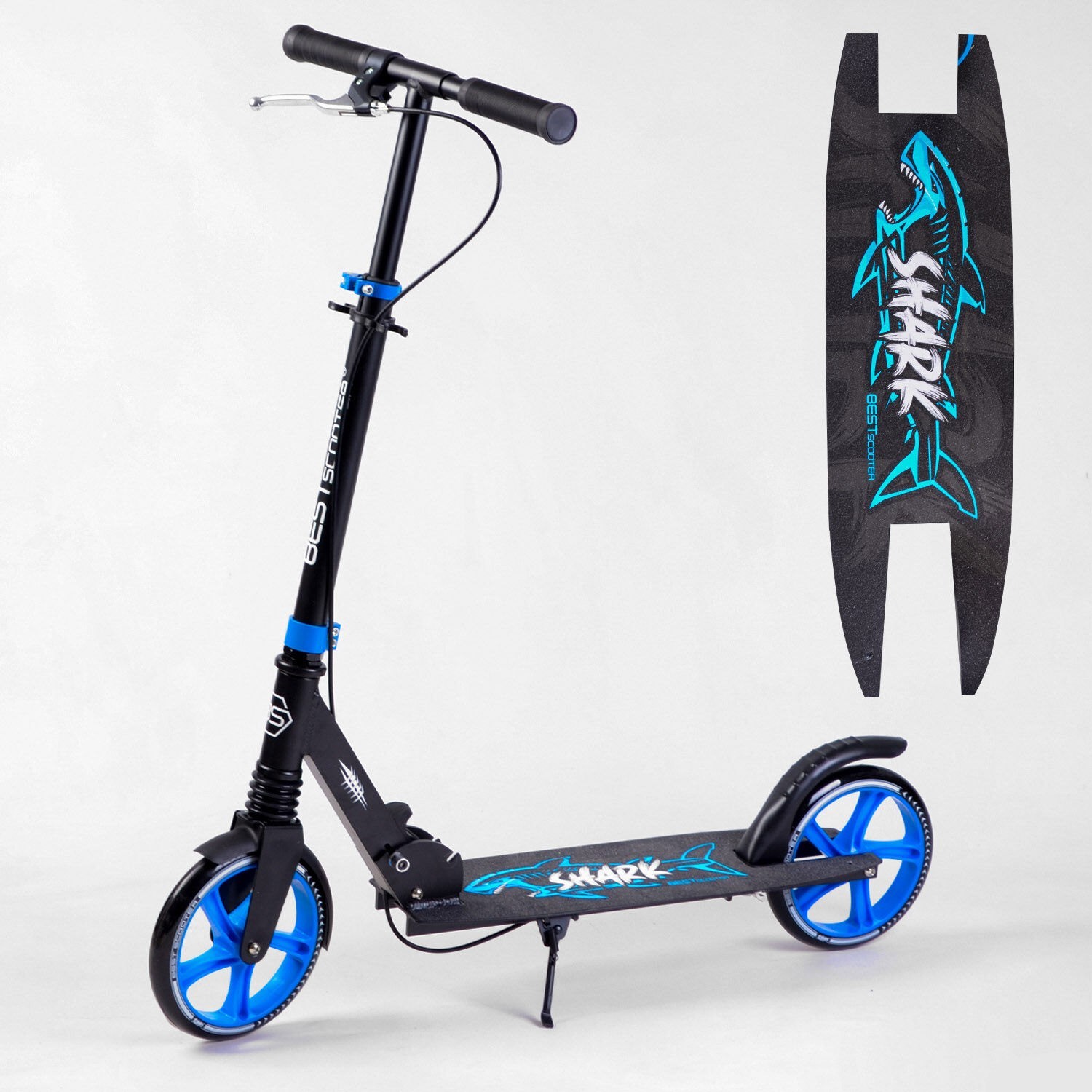 

Двухколесный самокат Best Scooter "SHARK" с ручным тормозом, колеса PU - 20 см, 1 амортизатор, складной (19015)