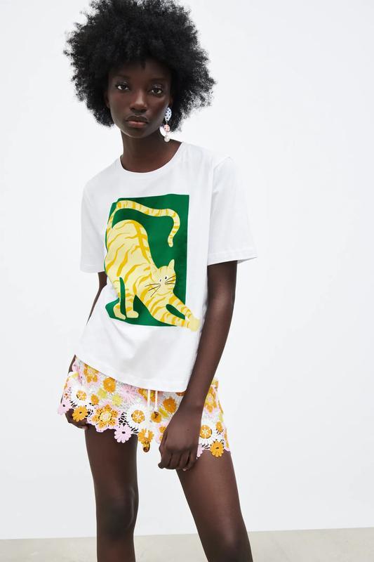 

Футболка Zara с принтом кота  белая, Футболка Zara с принтом кота S белая