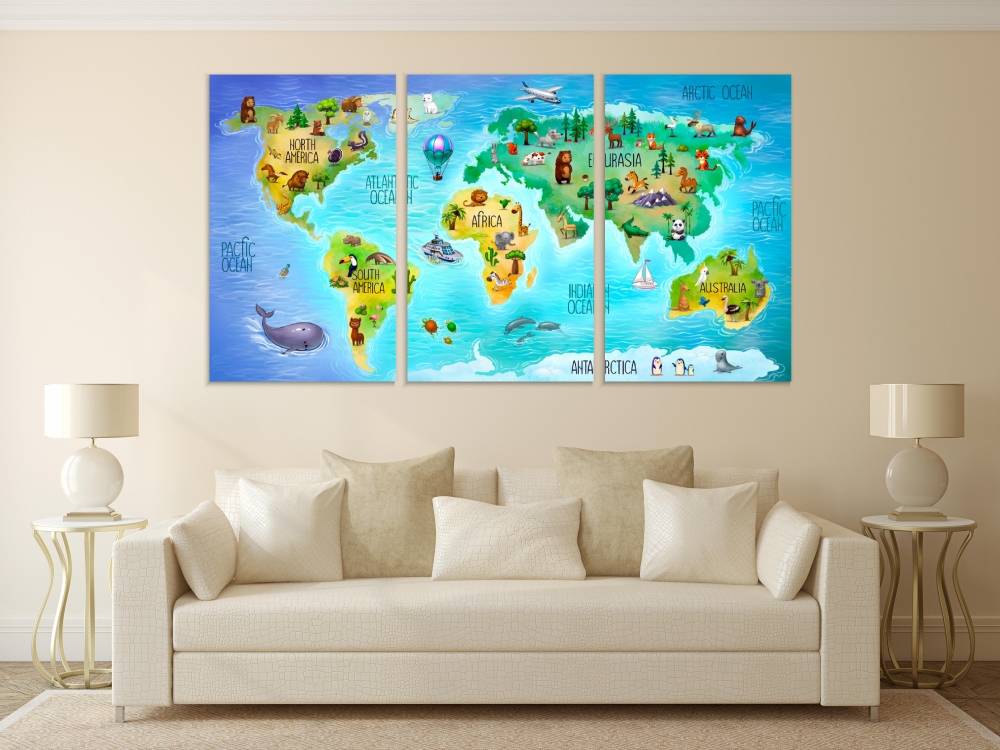 

Картина на холсте Модульные Модульная картина Children's World Map 3 картины 45х90 см.