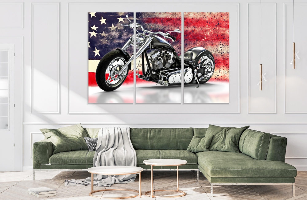 

Картина на холсте Модульные Модульная картина Black Motorcycle With American Flag 3 картины 45х90 см.