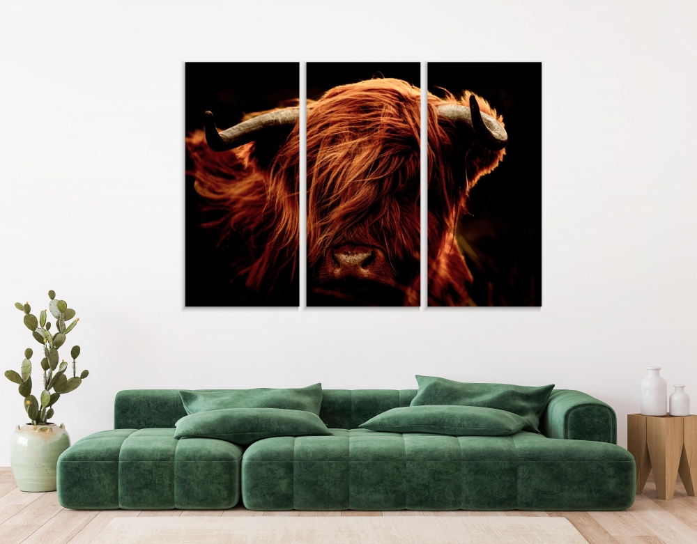 

Картина на холсте Модульные Модульная картина Highland cow 3 картины 25х50 см.