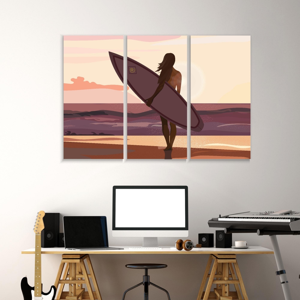 

Картина на холсте Модульные Модульная картина Girl With A Surfboard At Sunset 3 картины 70х140 см.
