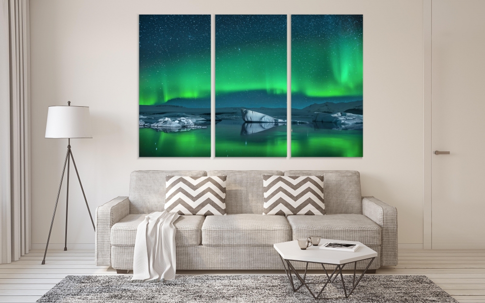 

Картина на холсте Модульные Модульная картина Icebergs Under The Northern Lights 3 картины 25х50 см.