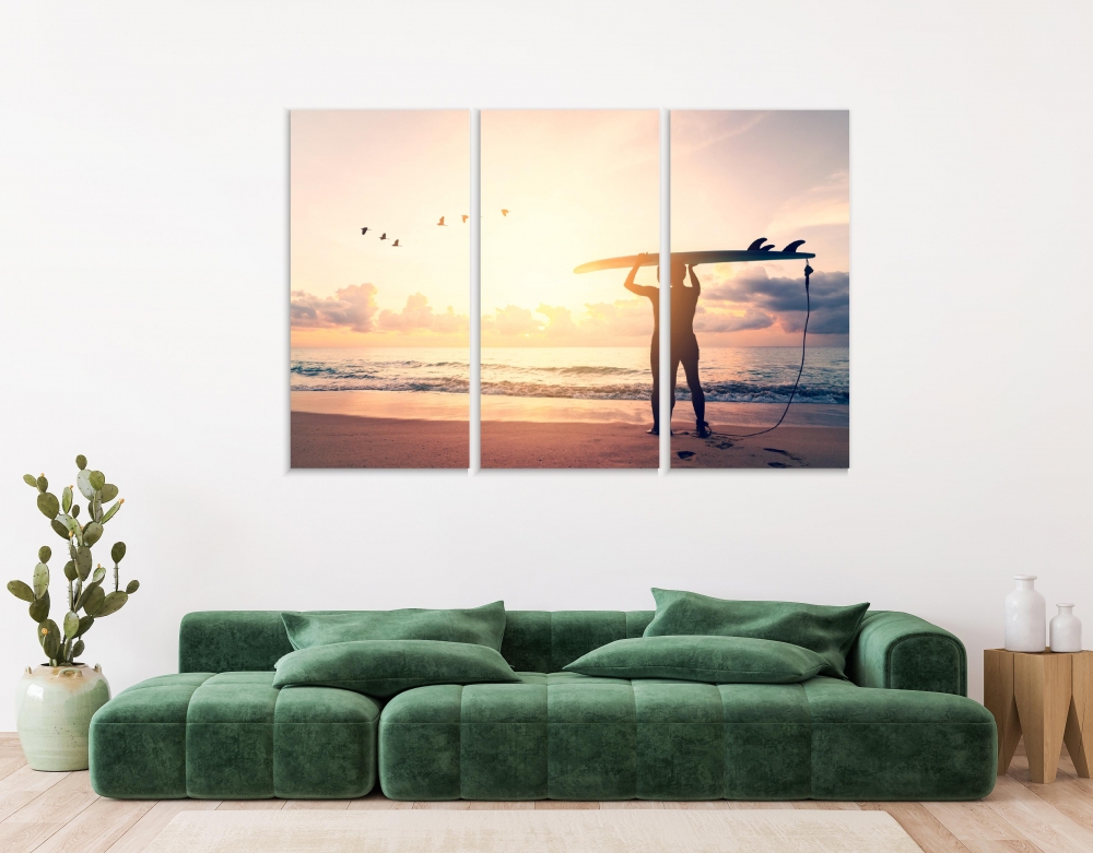 

Картина на холсте Модульные Модульная картина Man hold surfboard standing with birds flying at tropical sunset beach 3 картины 60х120 см.