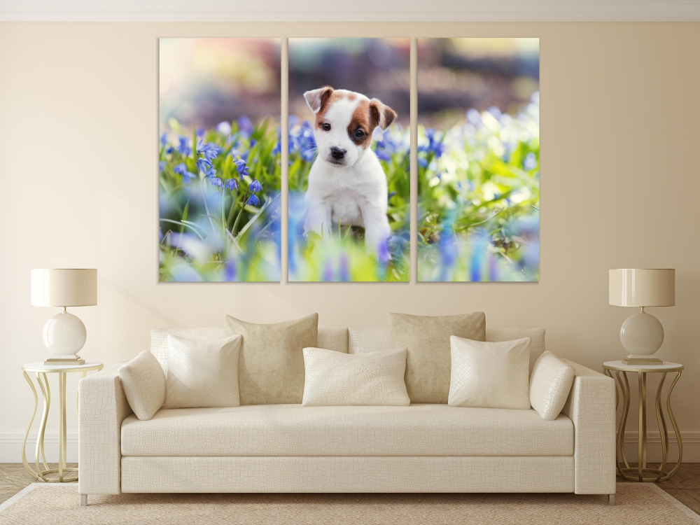 

Картина на холсте Модульные Модульная картина Puppy Sitting In Flowers 3 картины 45х90 см.