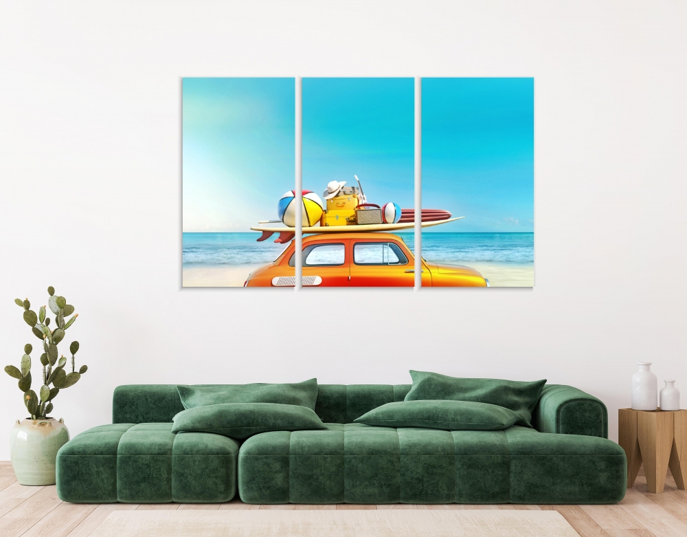 

Картина на холсте Модульные Модульная картина Retro Car With Luggage On The Roof 3 картины 30х60 см.