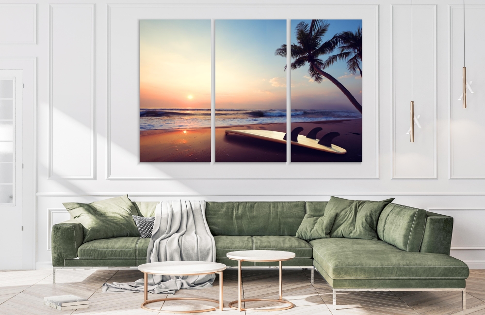 

Картина на холсте Модульные Модульная картина Surf Board On A Tropical Beach 3 картины 30х60 см.