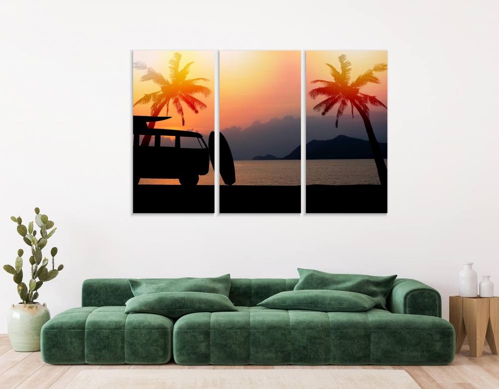 

Картина на холсте Модульные Модульная картина Silhouette Vintage Car In The Beach 3 картины 30х60 см.