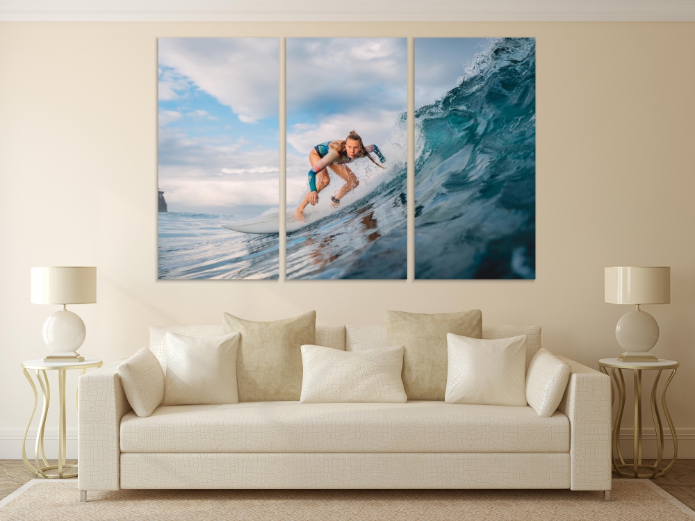 

Картина на холсте Модульные Модульная картина Beautiful Surfer Girl On Surfboard 3 картины 25х50 см.