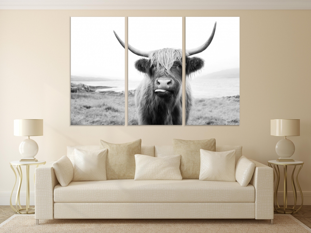 

Картина на холсте Модульные Модульная картина Черно-белая шотландская корова 3 картины 60х120 см.