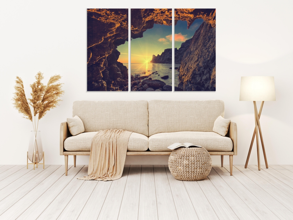 

Картина на холсте Модульные Модульная картина Sea ​​Sunset From A Mountain Cave 3 картины 45х90 см.