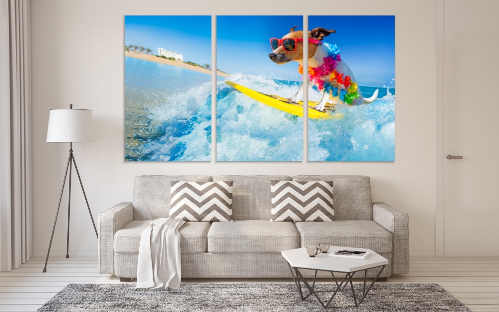 

Картина на холсте Модульные Модульная картина A Dog On A Surf On A Wave 3 картины 40х80 см.