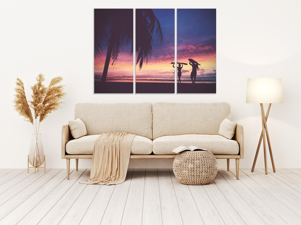 

Картина на холсте Модульные Модульная картина Silhouette Of Two Surfers 3 картины 70х140 см.