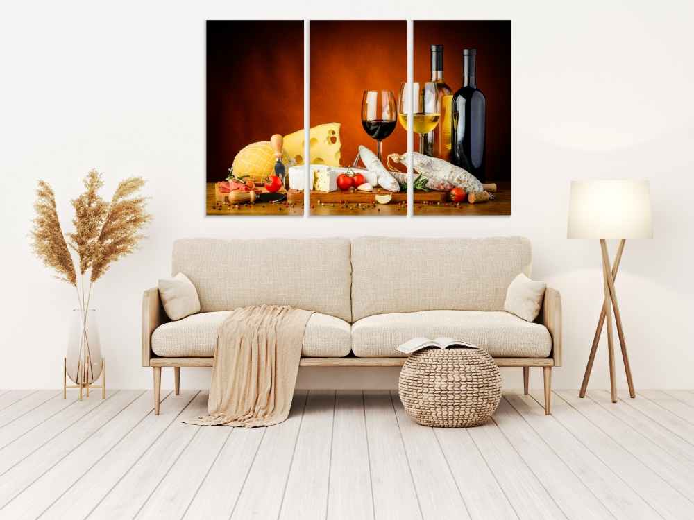 

Картина на холсте Модульные Модульная картина Wine And Cheese Composition 3 картины 70х140 см.