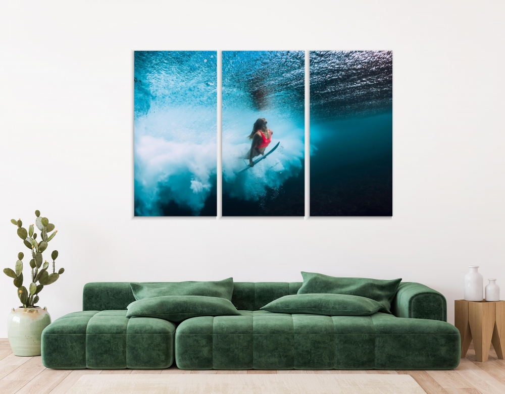 

Картина на холсте Модульные Модульная картина Attractive Surfer Woman Dive Underwater 3 картины 40х80 см.