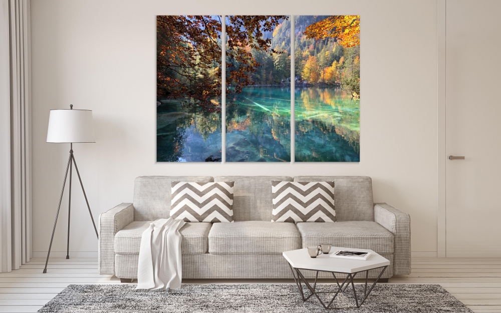 

Картина на холсте Модульные Модульная картина Живописный вид на Блаузее, небольшое озеро в Кандерштеге, кантон Берн, регион Юнгфрау, Швейцария 3 картины 60х120 см.