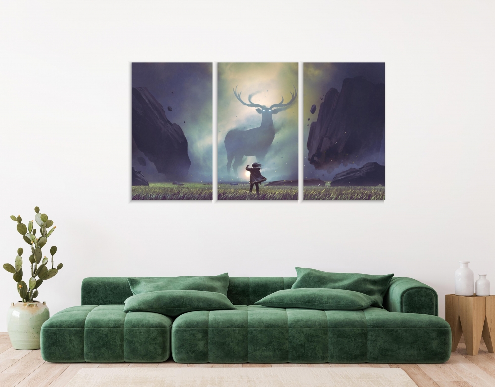 

Картина на холсте Модульные Модульная картина Deer In A Mysterious Valley 3 картины 45х90 см.