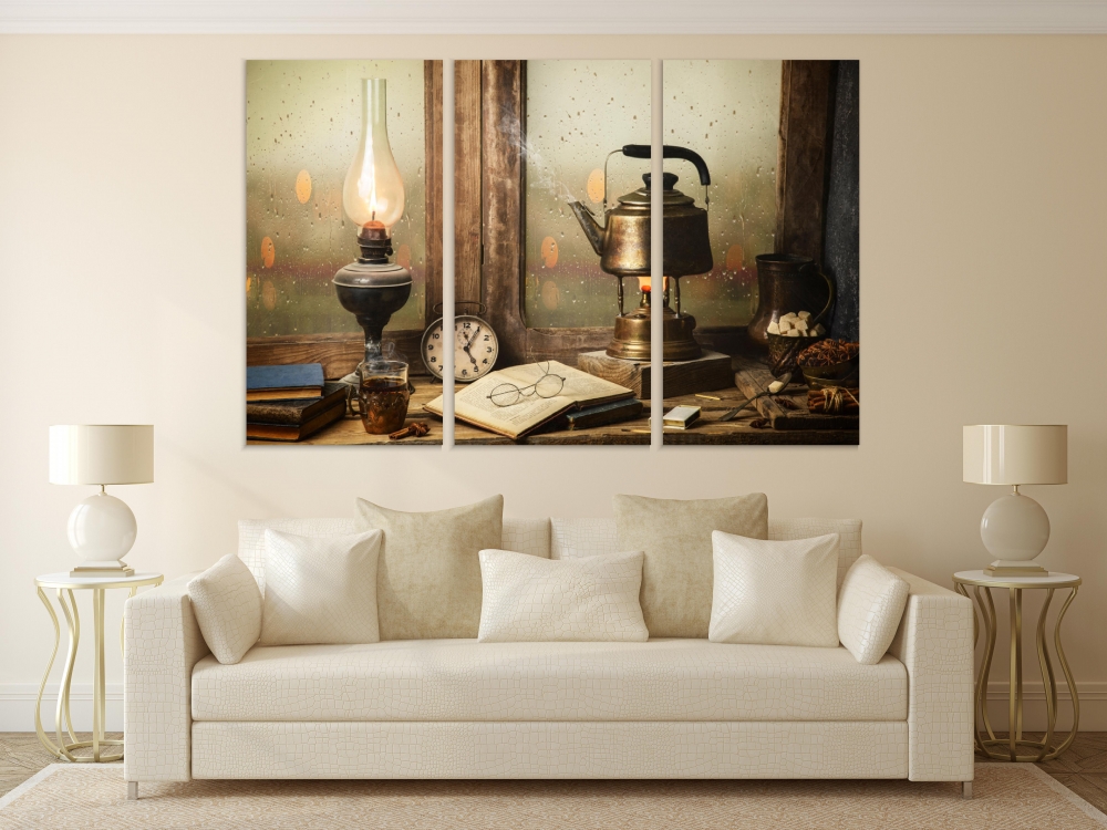 

Картина на холсте Модульные Модульная картина Antique Table With Lamp And Teapot 3 картины 40х80 см.
