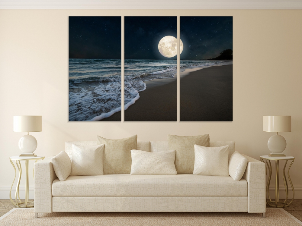 

Картина на холсте Модульные Модульная картина Romantic Beach And Full Moon 3 картины 30х60 см.