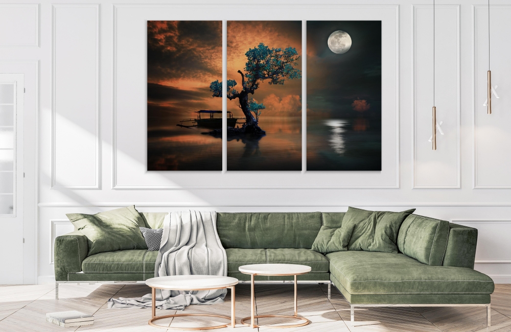 

Картина на холсте Модульные Модульная картина дерево под лунным светом 3 картины 40х80 см.