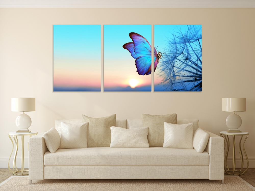 

Картина на холсте Модульные Модульная картина Бабочка и одуванчик в капельках росы 3 картины 70х140 см.