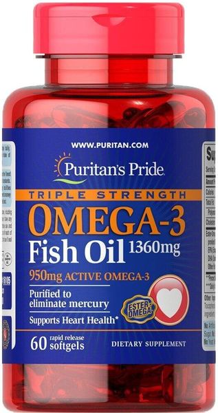 

Омега-3 рыбий жир Omega-3 Fish Oil Puritan's Pride 1360 мг 950 мг активного 60 капсул (PP240)
