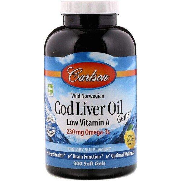 

Рыбий жир из печени трески Cod Liver Oil Gems Low Vitamin A Carlson Labs лимон 1000 мг 300 капсул (CAR098)