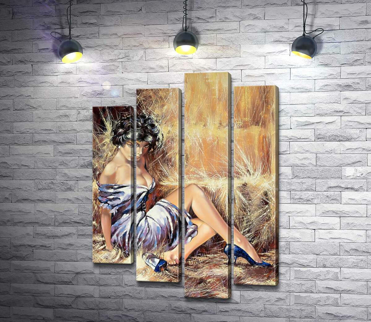 

Модульная картина ArtPoster Брюнетка в соблазнительном платье отдыхает на сене 132x184 см Модуль №21