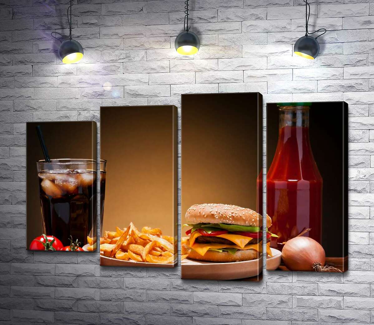 

Модульная картина ArtPoster Бургер, картофель-фри и кетчуп с холодной Кока-колой (Coca-cola) 132x88 см Модуль №21