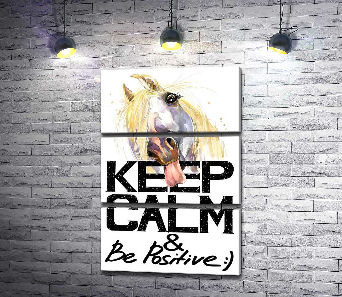 

Модульная картина ArtPoster Белый конь показывает язык над надписью "keep calm and be positive" 100x147 см Модуль №13