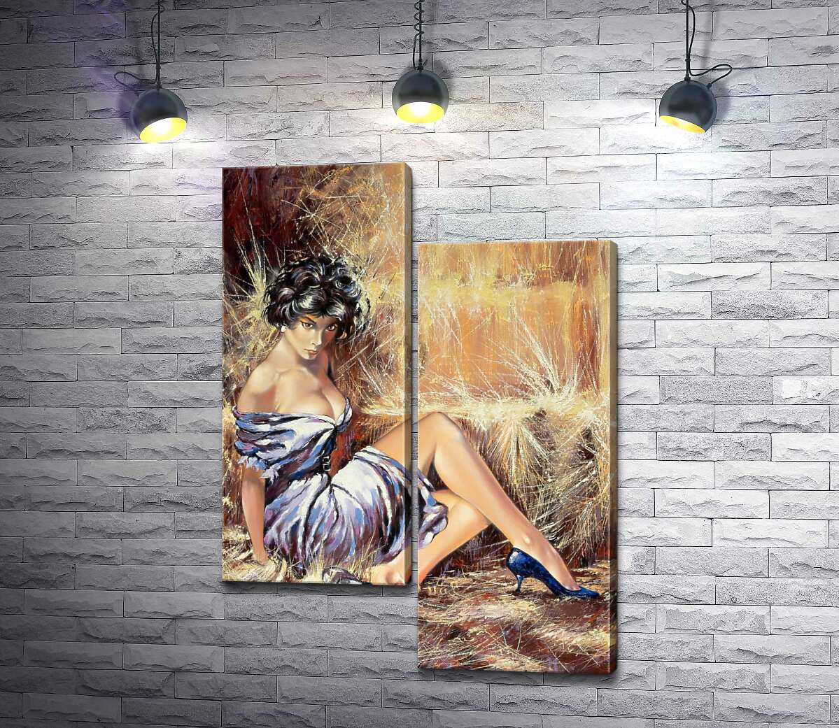 

Модульная картина ArtPoster Брюнетка в соблазнительном платье отдыхает на сене 50x71 см Модуль №5