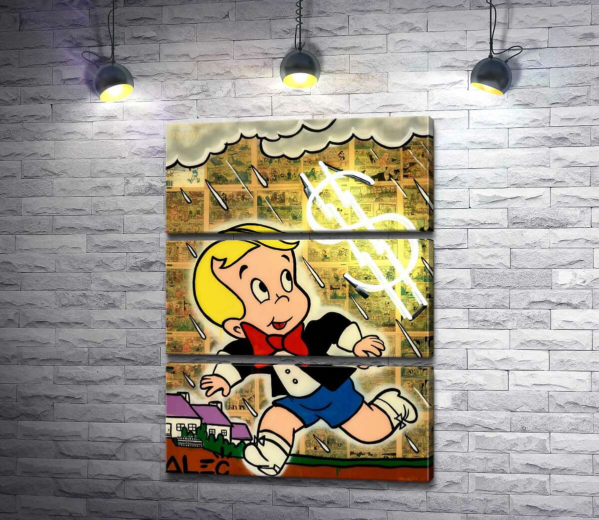 

Модульная картина ArtPoster Богатенький Ричи бежит от дождя (Richie Rich run away from rain) - Алек Монополи (Alec Monopoly) 130x174 см Модуль №13