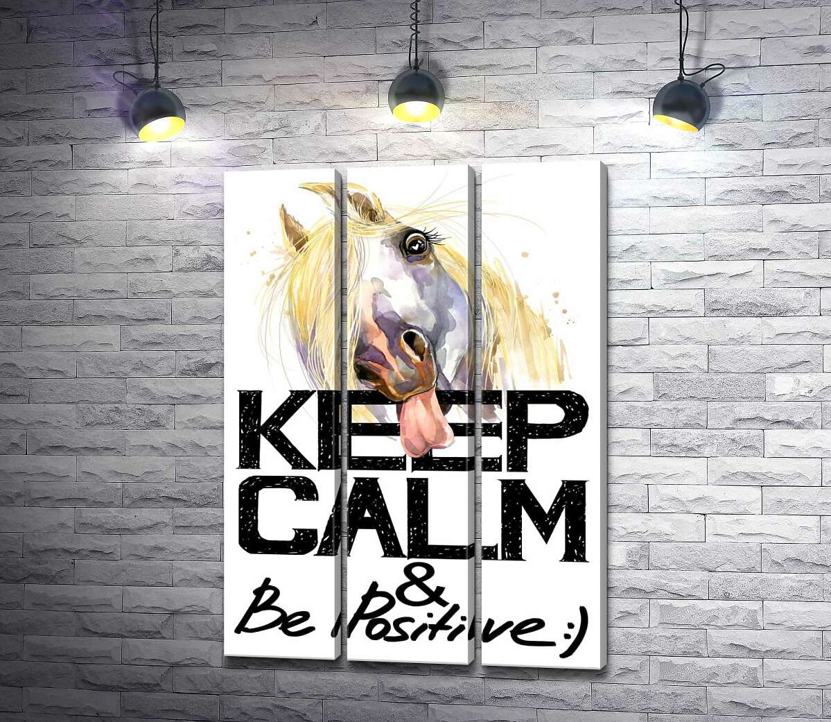 

Модульная картина ArtPoster Белый конь показывает язык над надписью "keep calm and be positive" 132x190 см Модуль №11