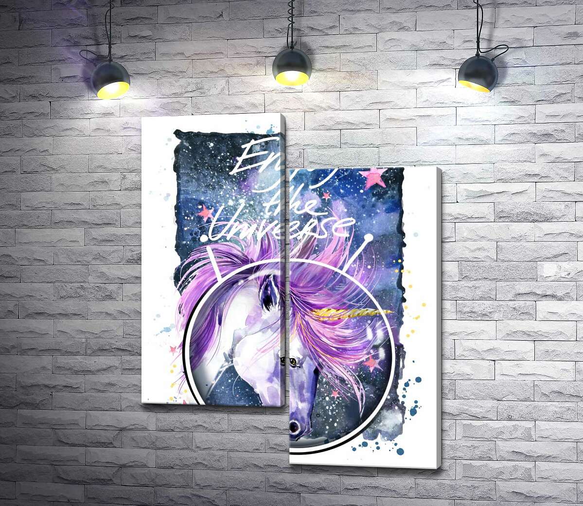 

Модульная картина ArtPoster Белый единорог в шлеме среди космоса с надписью "Enjoy the Universe" 100x129 см Модуль №5